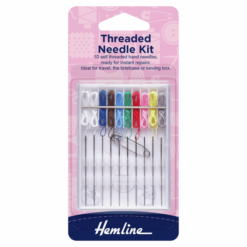 Hemline 10 x Self Threaded Hand Sewing Needles Travel Kit Pre Threaded
