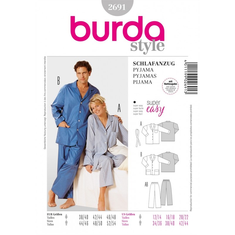 Burda Sewing Pattern 2691 Woman's & Men's Pyjamas Sleep Wear