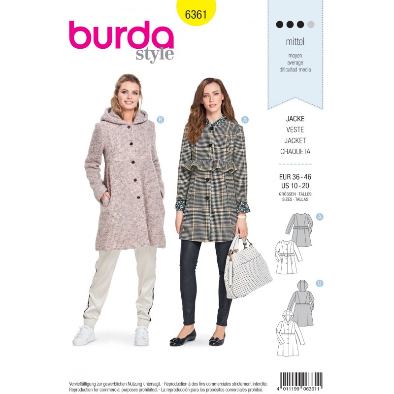 Burda Sewing Pattern 6361 Style Misses' Smart Formal Coat Jacket