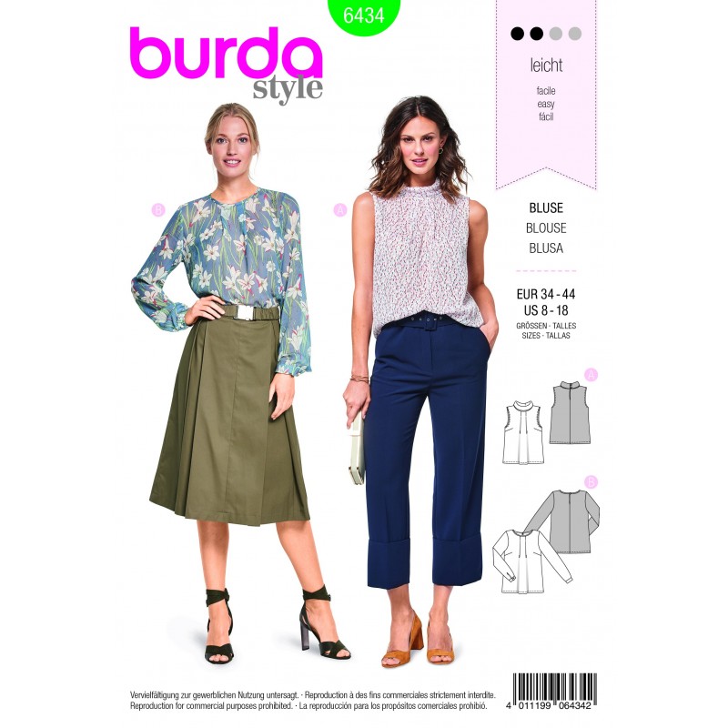 Burda Sewing Pattern 6434 Woman's Feminine Blouse with Pleats and Slit in Back