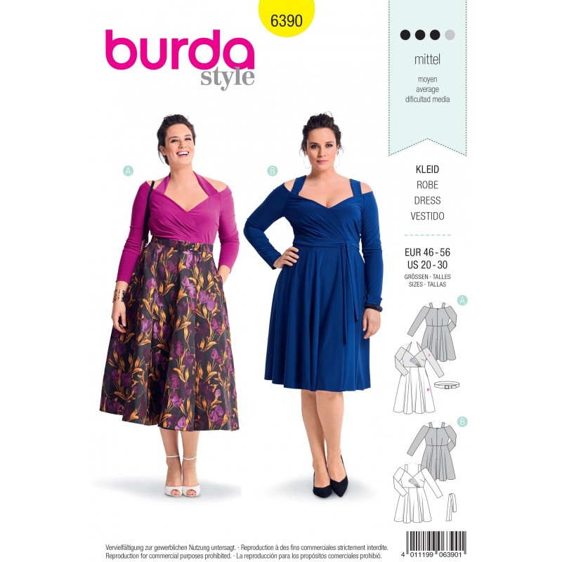 Burda Sewing Pattern 6390 Style Woman's Plus Size High Waisted Dress