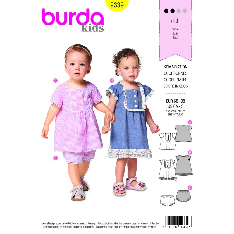 Burda Sewing Pattern 9339 Style Infant Toddlers Summer Dress & Shorts