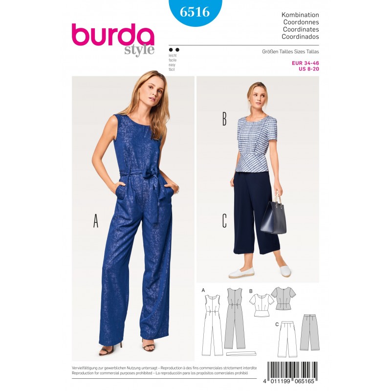 Burda Sewing Pattern 6516 Style Women's Top, Trousers & Jumpsuit Size 8-20