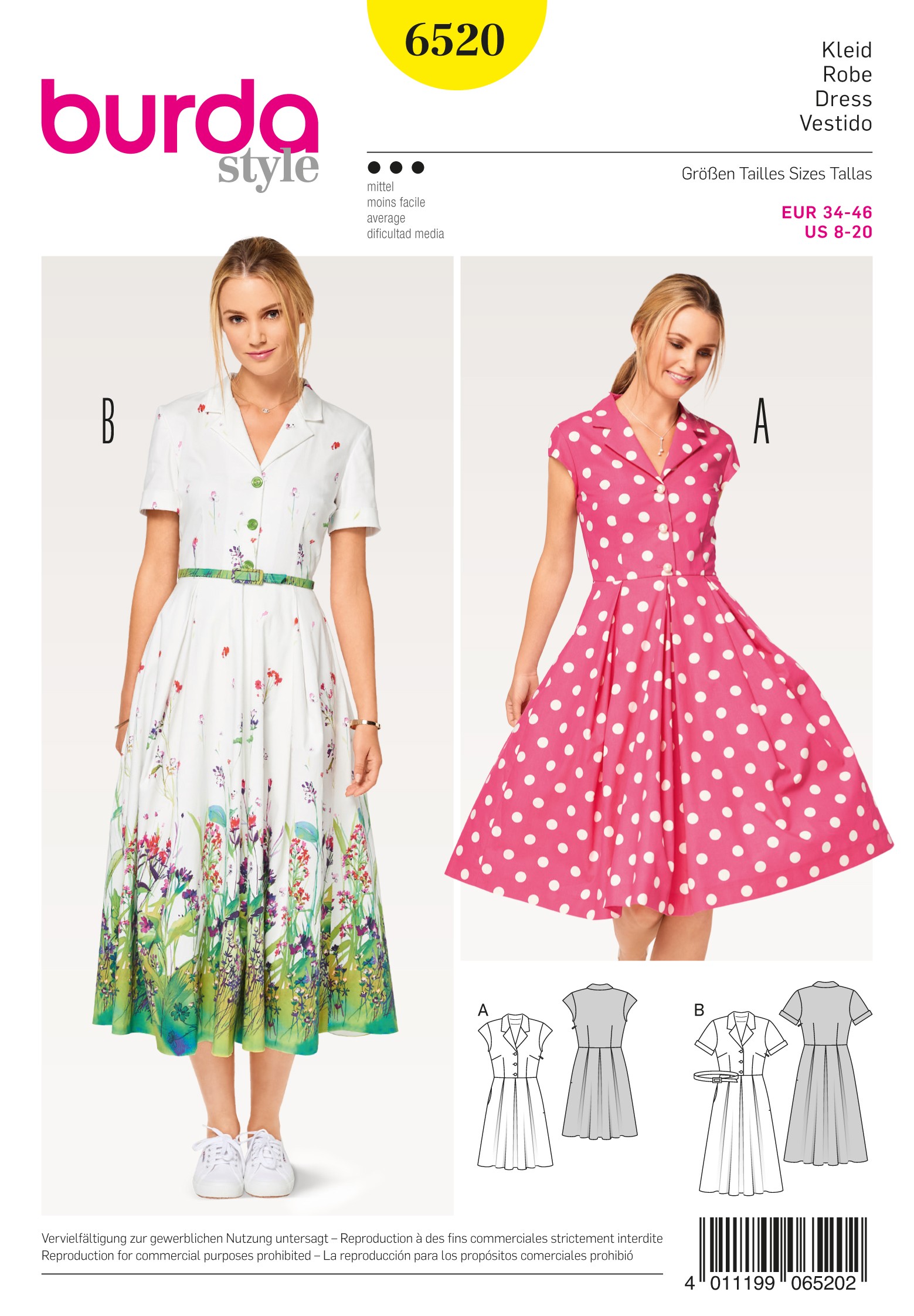 Burda Sewing Pattern 6520 Style Women's Dress, Blouse and Skirt Size 8-20