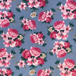 100% Cotton Fabric Realistic Floral Flowers & Leaves Bunched Rose Heads 145cm Wide Airforce 445