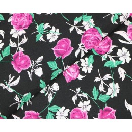 100% Cotton Fabric Small Ditsy Pink Roses Floral Flower Stems Leaves 145cm Wide  Black