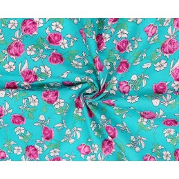100% Cotton Fabric Small Ditsy Pink Roses Floral Flower Stems Leaves 145cm Wide Turq