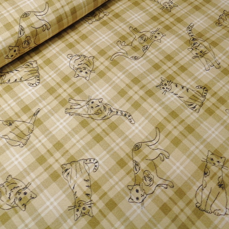 100% Japanese Cotton Fabric Sevenberry Tartan Check Outline Cats Kitten Kitty Kitties Brown