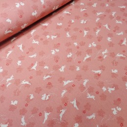 100% Japanese Cotton Fabric Sevenberry Nara Rabbits Floral Flower Field Salmon
