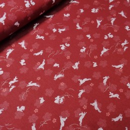 100% Japanese Cotton Fabric Sevenberry Nara Rabbits Floral Flower Field Wine
