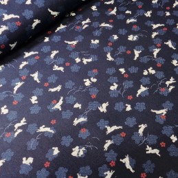 100% Japanese Cotton Fabric Sevenberry Nara Rabbits Floral Flower Field Navy