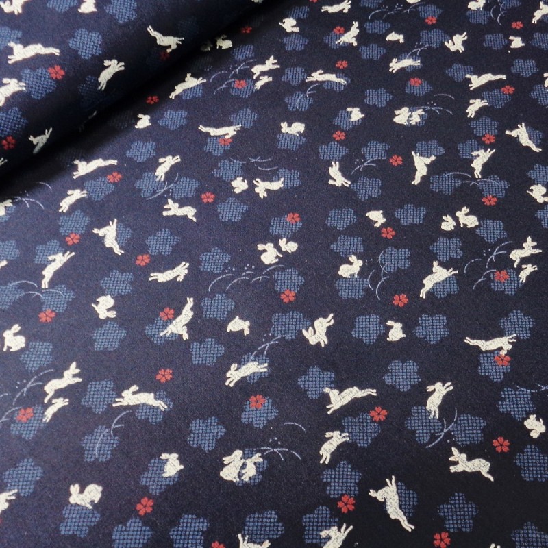 100% Japanese Cotton Fabric Sevenberry Leaping Rabbits Floral Flowe...