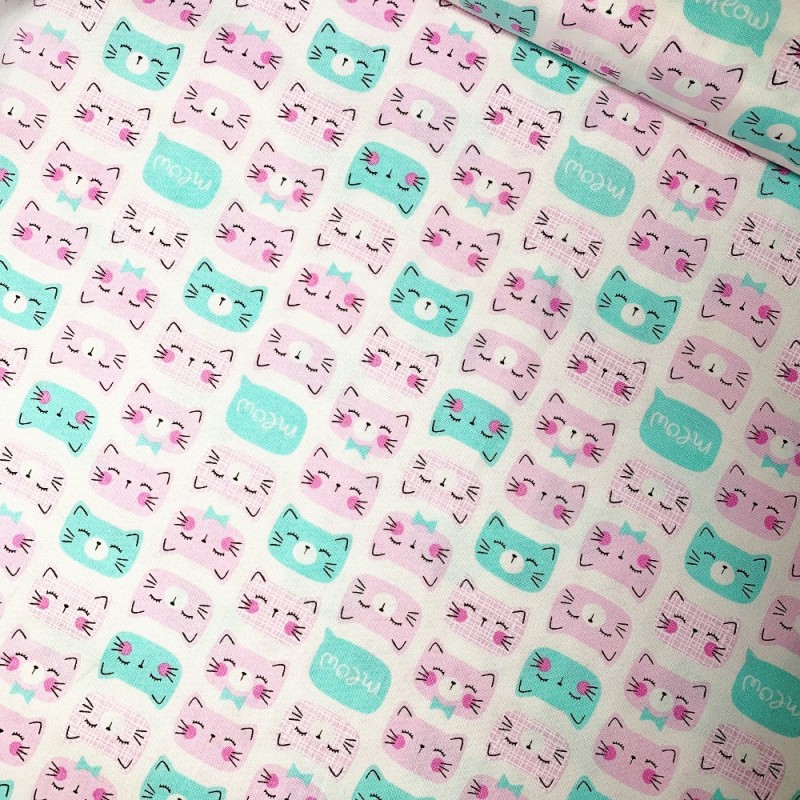 100% Cotton Patchwork Fabric Timeless Treasures Happy Cat Faces Meow pink