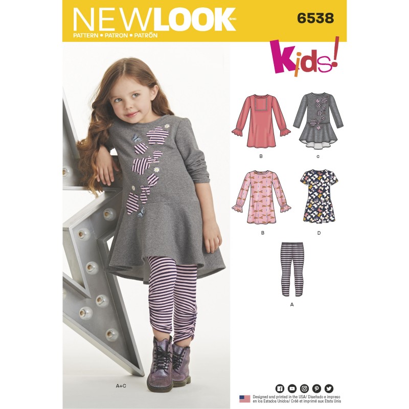 New Look Sewing Pattern 6538 Child's Knit Leggings and Dresses Tops Tunics