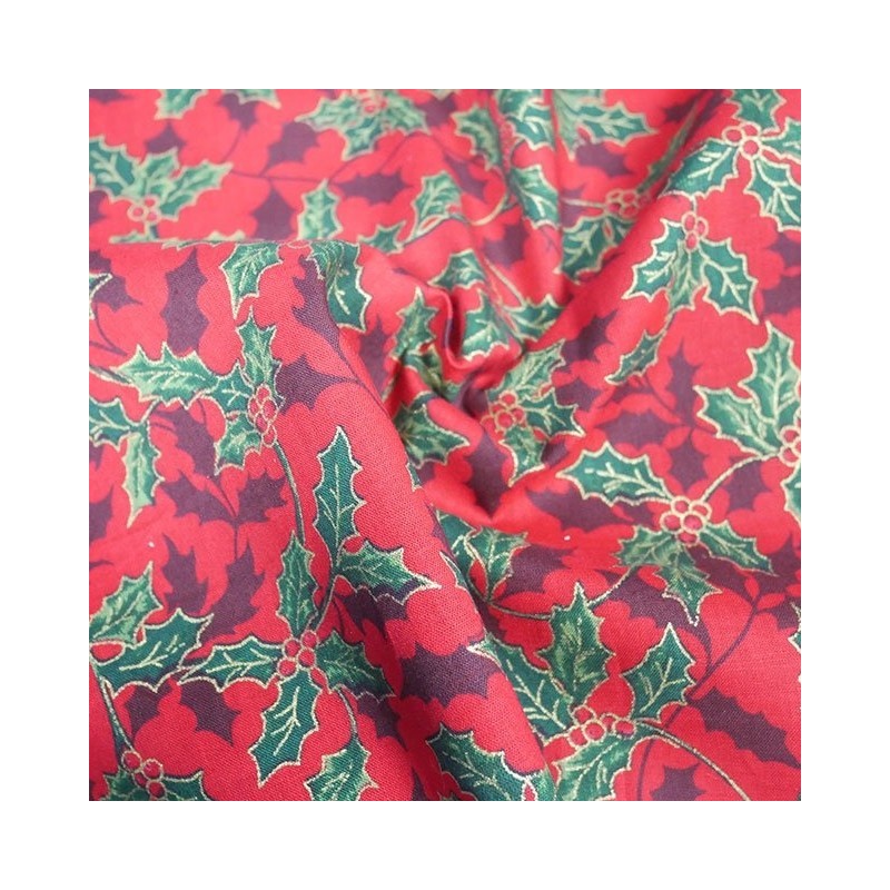 100% Cotton Fabric Christmas Holly Leaf Festive Xmas Festive 140cm Wide