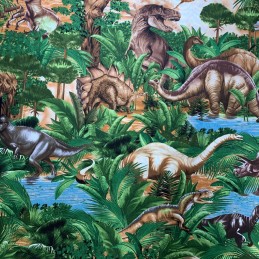 100% Cotton Fabric Timeless Treasures Jurassic Dinosaur Jungle T-Rex Triceratops