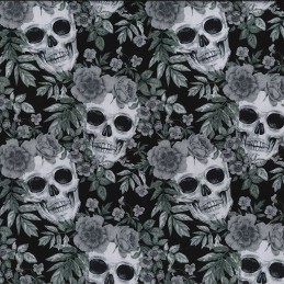 Black 100% Cotton Poplin Fabric Rose & Hubble Skulls & Roses Halloween Spooky