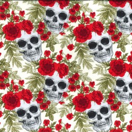 Ivory 100% Cotton Poplin Fabric Rose & Hubble Skulls & Roses Halloween Spooky