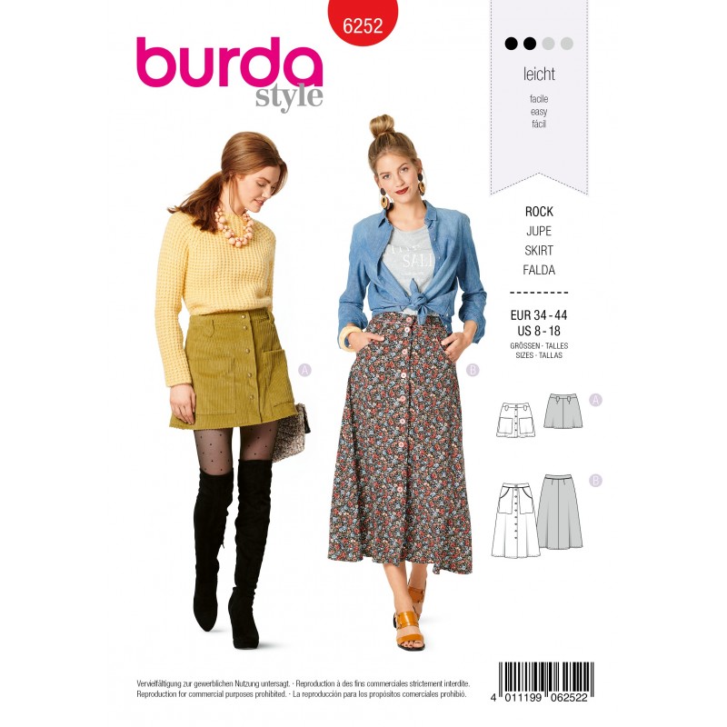 Burda Style Sewing Pattern 6252 Women's Button Detail Skirts Length Options