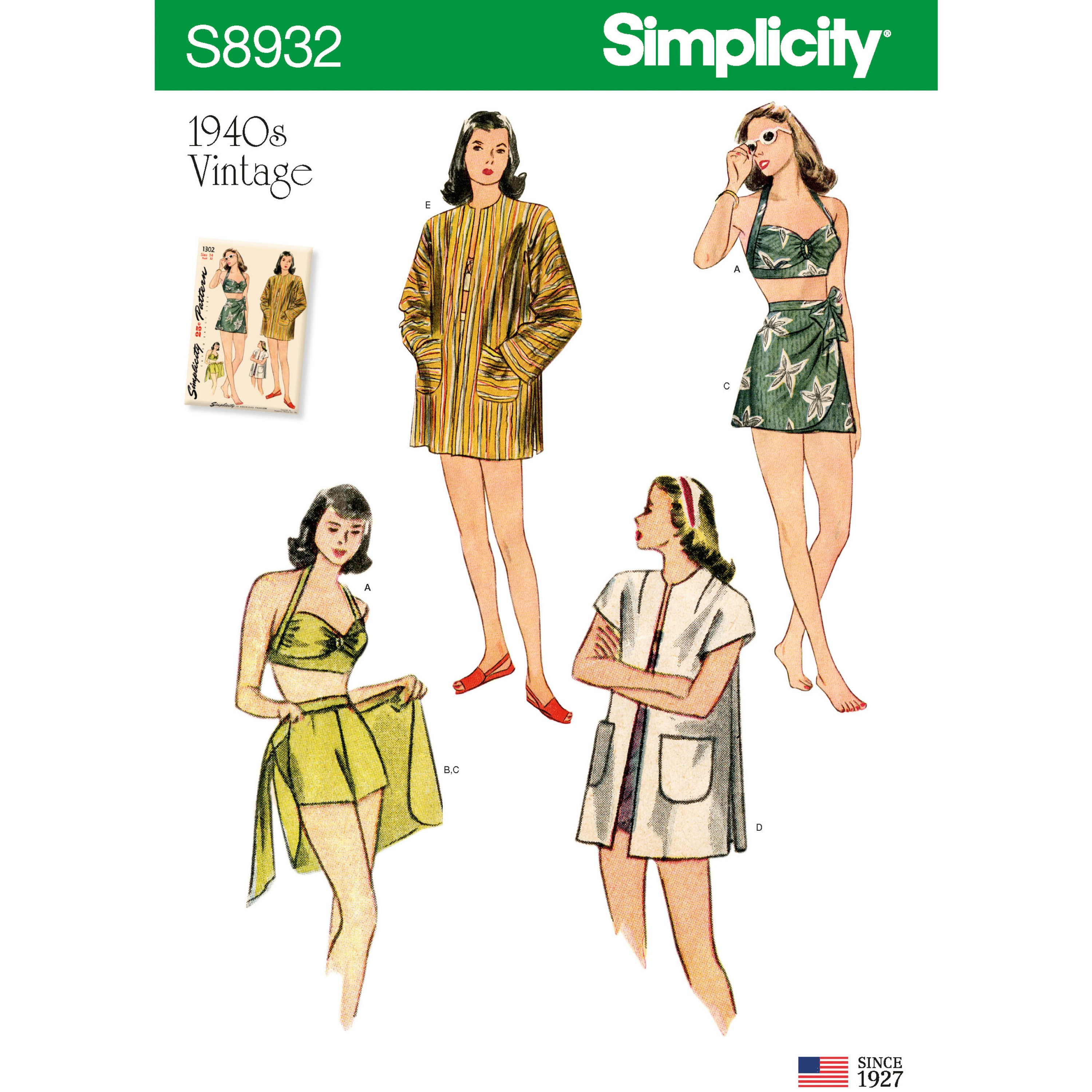 Simplicity Sewing Pattern 8932 Misses' Vintage Bikini Top, Shorts, Wrap, Skirt & Coat