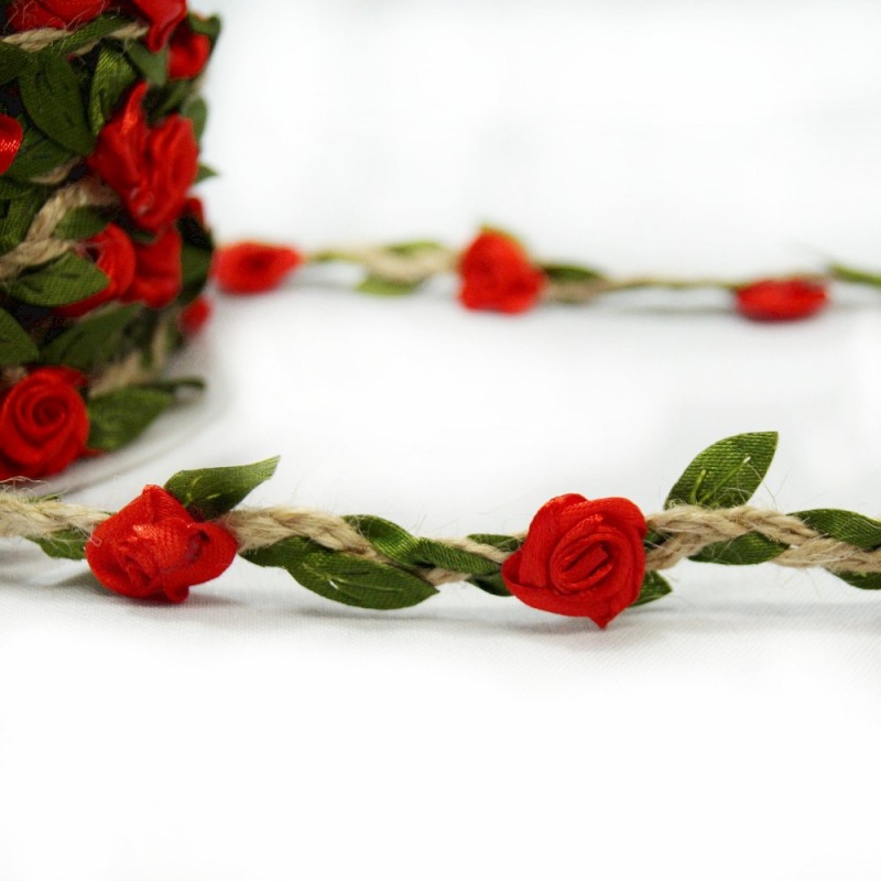 Red 1 Metre Floral Ribbon Rose Head Vines Jute Cord Craft Hessian Trim Flower