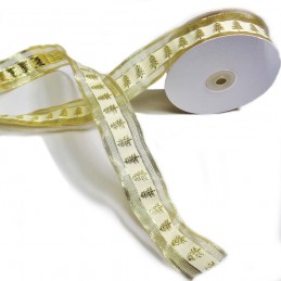 Wired Edge Ribbon Festive Chirstmas Tree In Lines Xmas 1m x 38mm Gold