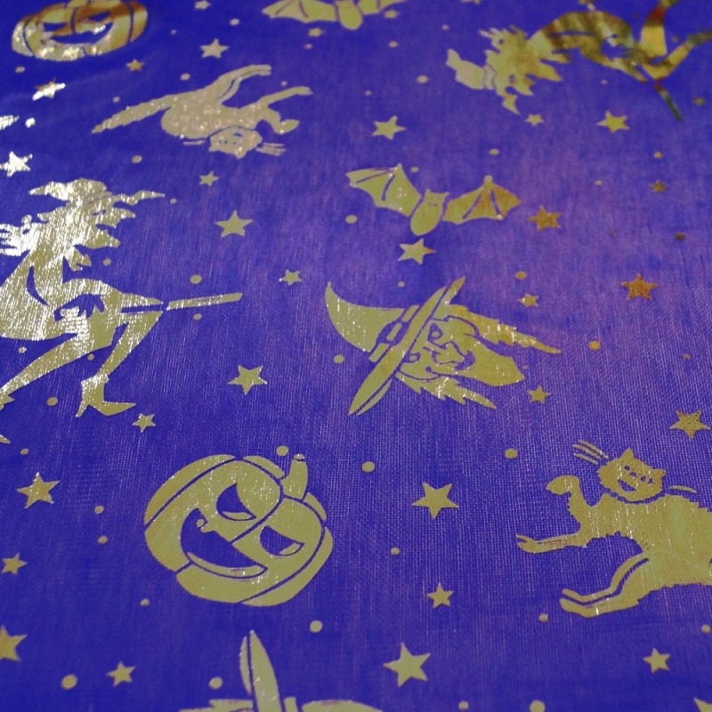 Polyester Foil Halloween Sheer Fabric Witch Cat Pumpkin Stars
