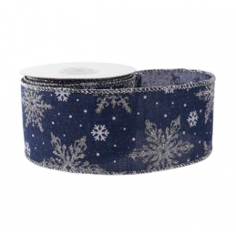 Deep Blue Hessian Wired Edge Ribbon 63mm Christmas Snowflakes Xmas Festive