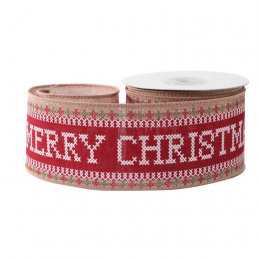 Hessian Wired Edge Ribbon 63mm Cross Stitch Merry Christmas Red  Xmas Burlap Festive