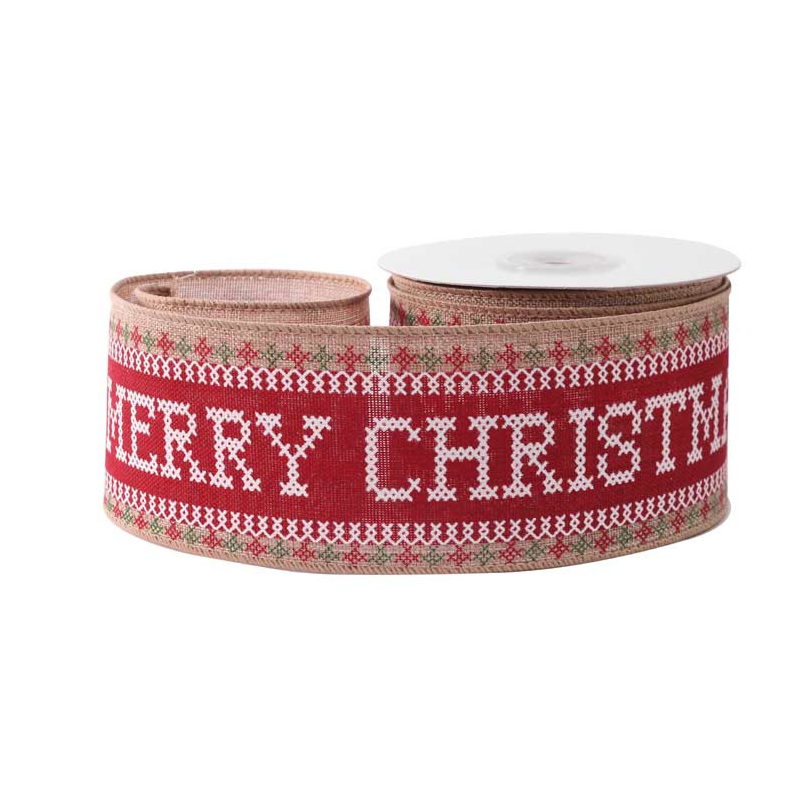 Hessian Wired Edge Ribbon 63mm Cross Stitch Merry Christmas Red  Xmas Burlap Festive