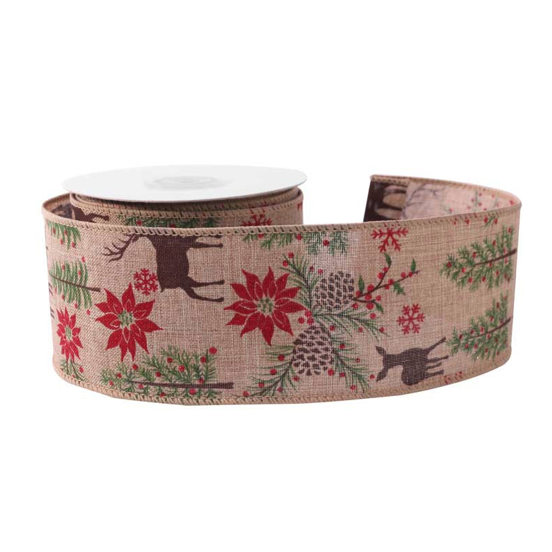 Hessian Wired Edge Ribbon 63mm Stag Poinsettia Christmas Red  Xmas Burlap