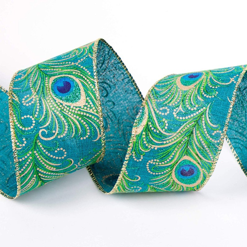 Wired Edge Ribbon 63mm Peacock Feather Sparkle Glitter