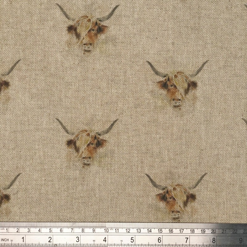 Cotton Rich Linen Look Fabric Digital Highland Cow Upholstery Panel