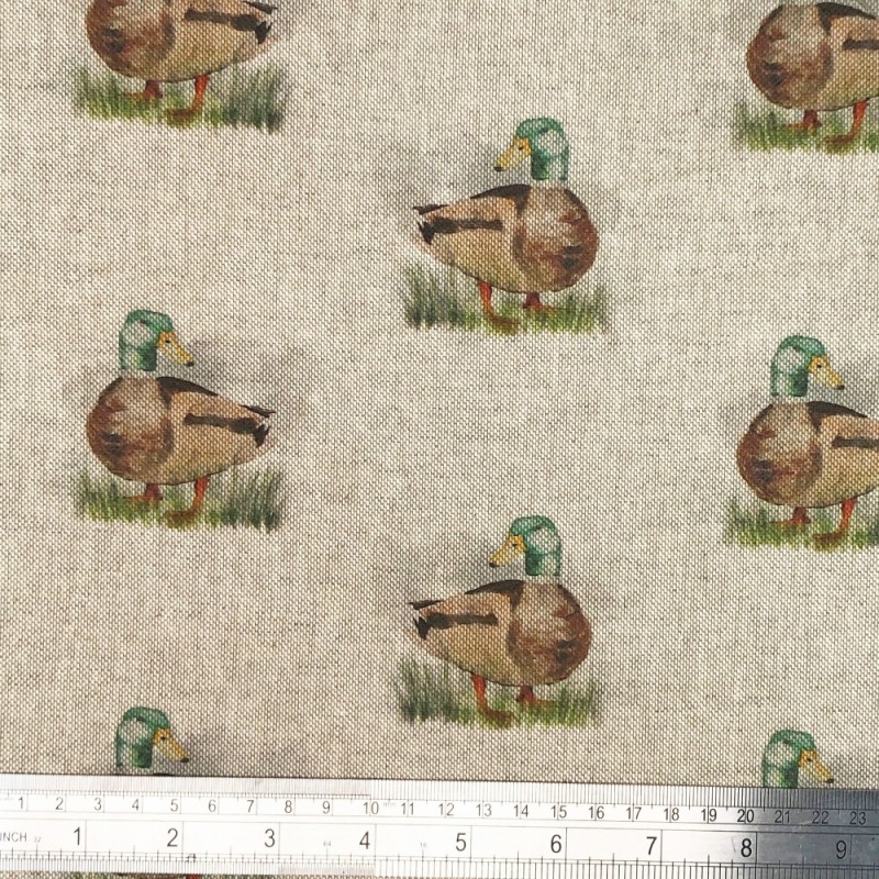 Cotton Rich Linen Look Fabric Digital Mallard Ducks Bird Upholstery Panel