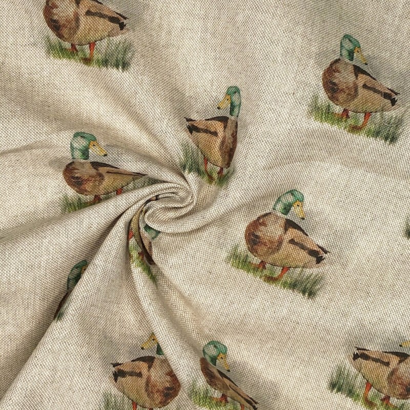 Cotton Rich Linen Look Fabric Digital Mallard Ducks Bird Upholstery Panel