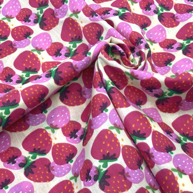 Polycotton Fabric Strawberries Fruit Tossed Strawberry