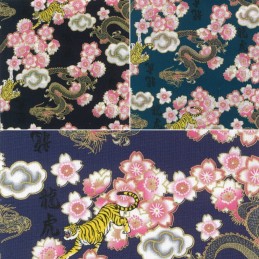 100% Japanese Cotton Fabric Nutex Kobo Metallic Oriental Dragons Tigers Flowers