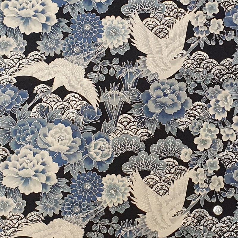100% Japanese Cotton Fabric Nutex Kio Metallic Cranes Bushes Flowers