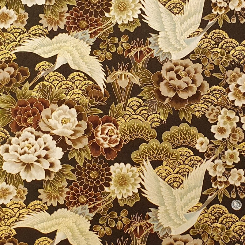 100% Japanese Cotton Fabric Nutex Kio Metallic Cranes Bushes Flowers