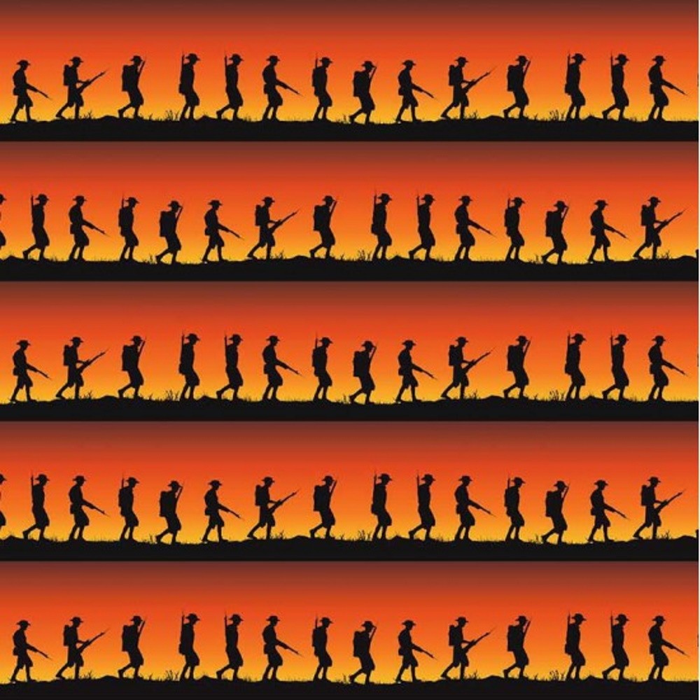 100% Cotton Fabric Kennard & Kennard Marching Soldiers Sunset In Line