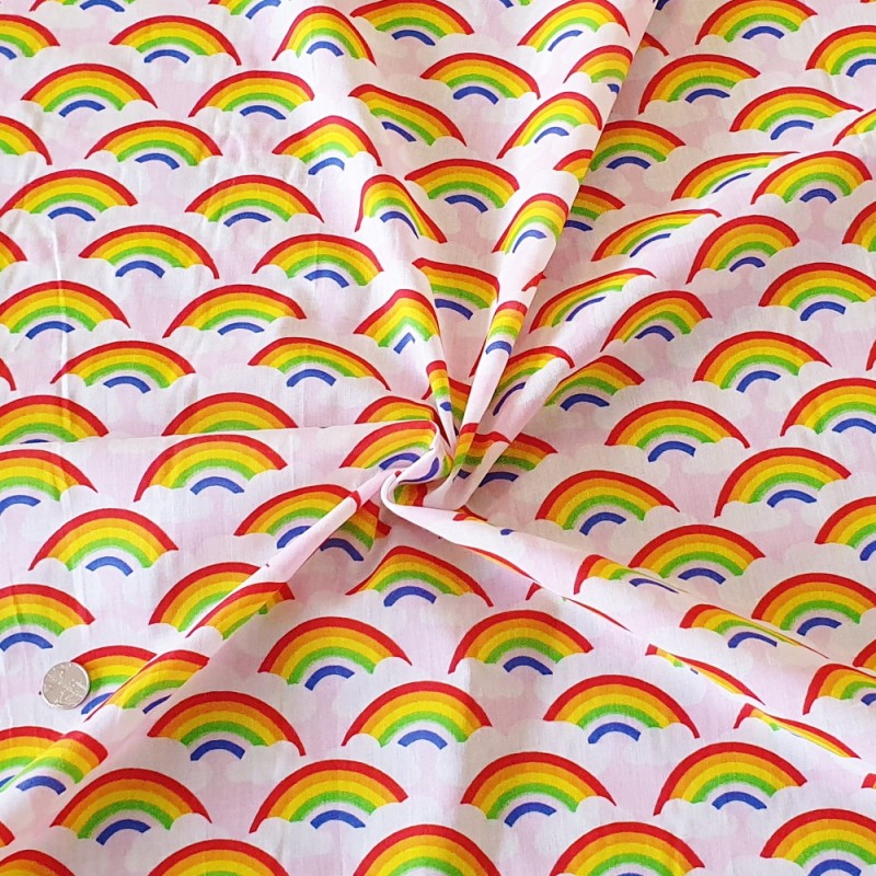Polycotton Fabric Bright Rainbows and Clouds in the Sky Pride Rainbow
