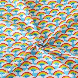 Polycotton Fabric Bright Rainbows and Clouds in the Sky Pride Rainbow Turquoise