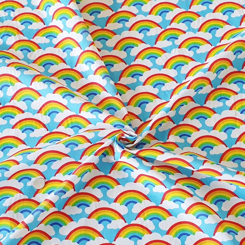 Polycotton Fabric Bright Rainbows and Clouds in the Sky Pride Rainbow