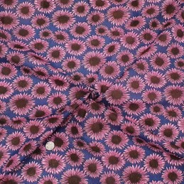 Polycotton Fabric Large Summer Drawn Sunflowers Floral Flowers Navy