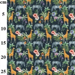 100% Cotton Fabric John Louden Zebra Giraffe Floral Ferns Flowers 150cm Wide Navy