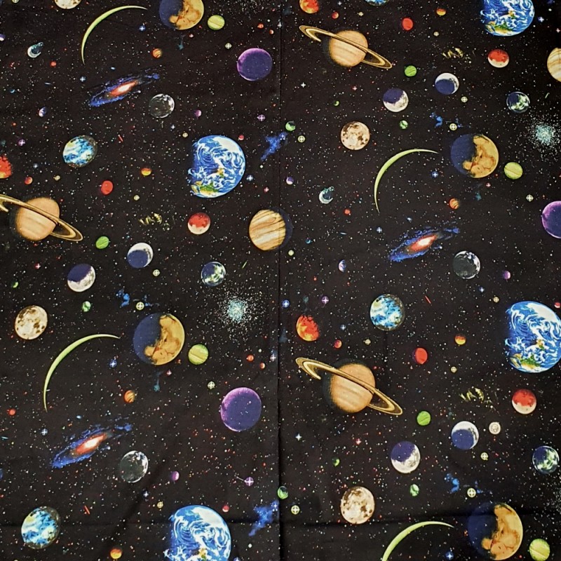 100% Cotton Fabric Nutex Solar System Glitter Outer Space Planets Galaxy Stars
